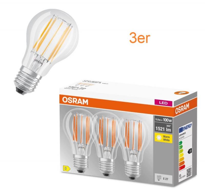 3er Pack OSRAM LED BASE Filament E27 Lampe 11W wie 100W warmweiß